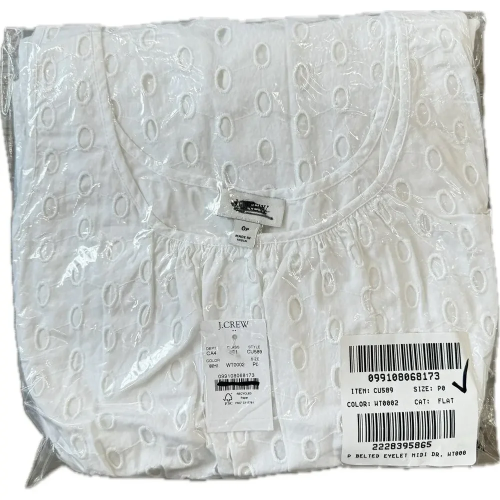 J.Crew Petite Old Money Minimalist White Eyelet Belted Midi Dress P0